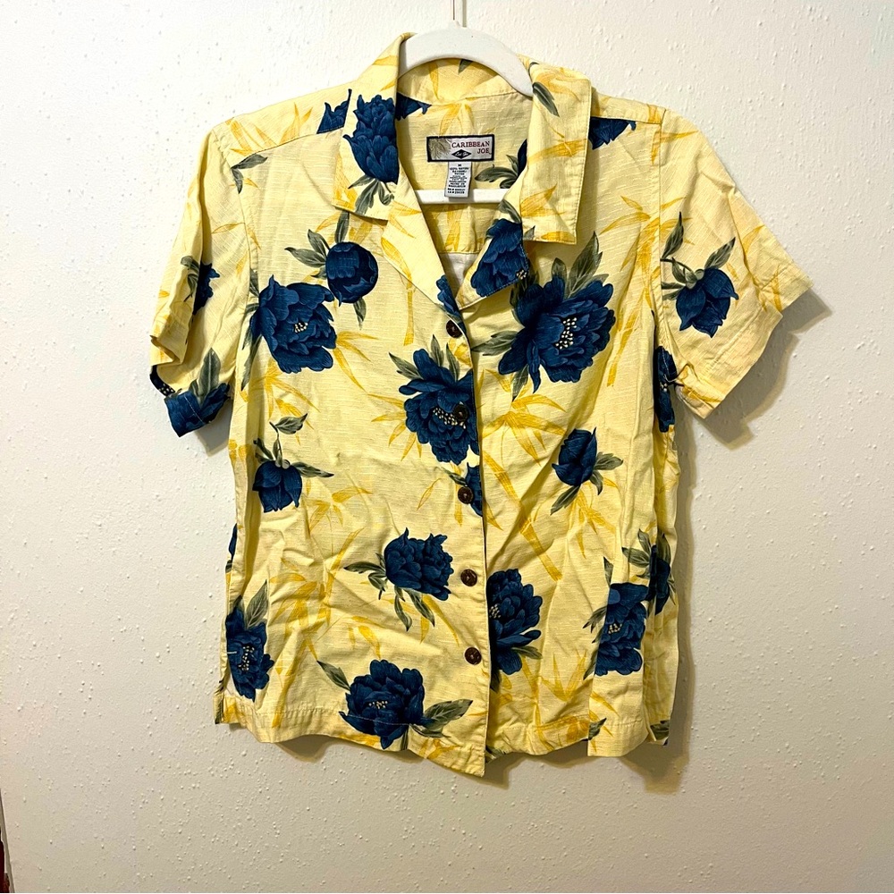 Caribbean Joe Tropical Floral Yellow with Blue Peonies Ladies button down shirt